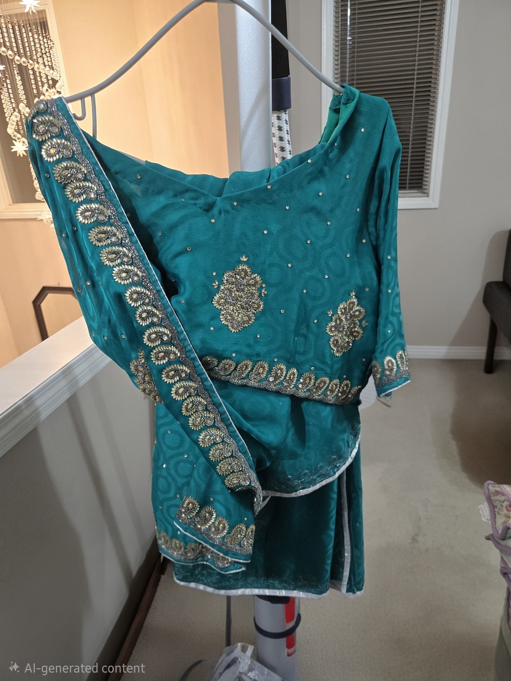 Womens Teal Embroidered Saree with Gold Accents